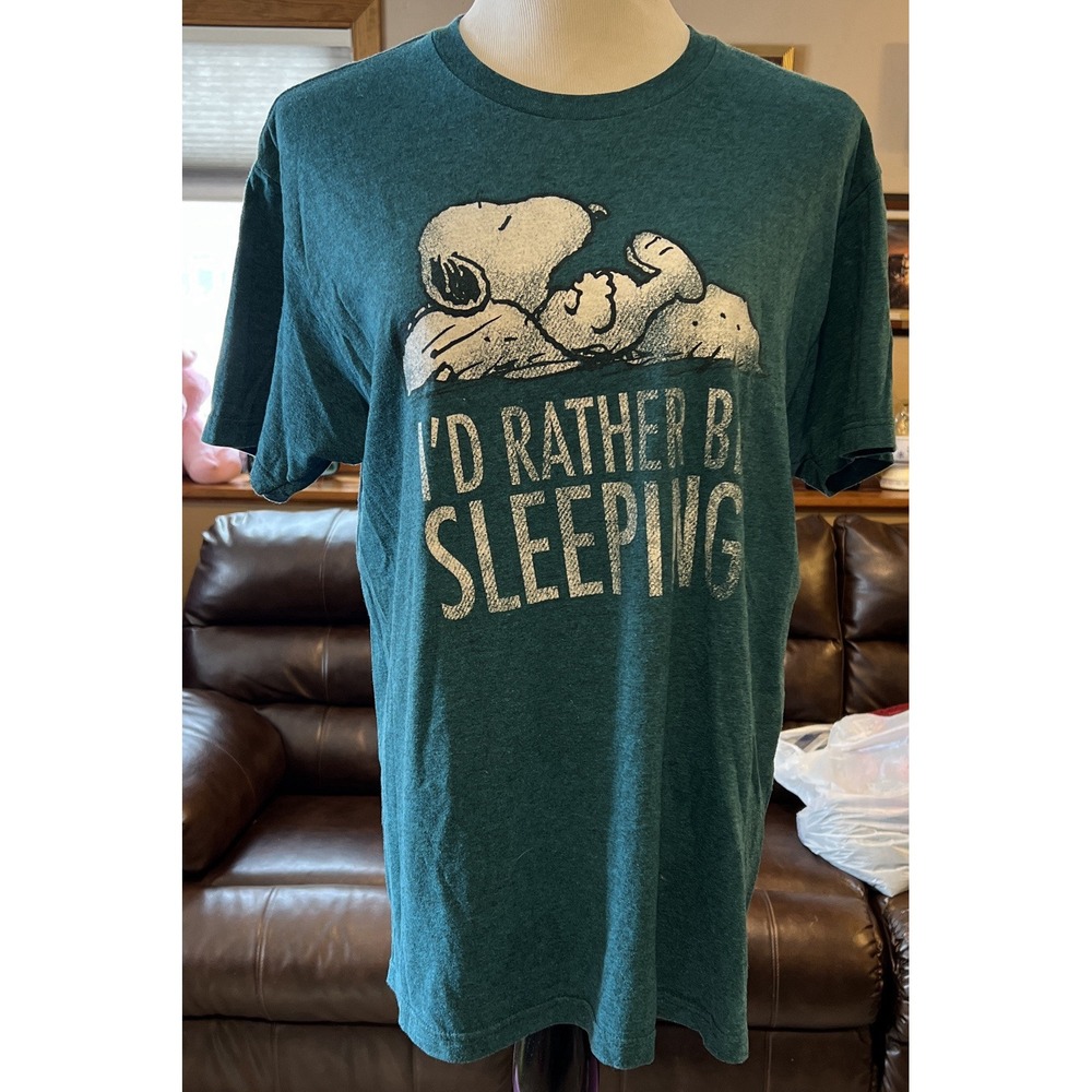 Peanuts Snoopy I'd Rather Be Sleeping Blue/Green Tee Shirt‎ Size L EUC